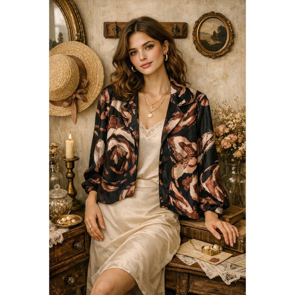 Chico's Jackets & Blazers - Vintage‎ Chico's 100% Silk Cropped Floral Jacket Blouse Size 0 Small